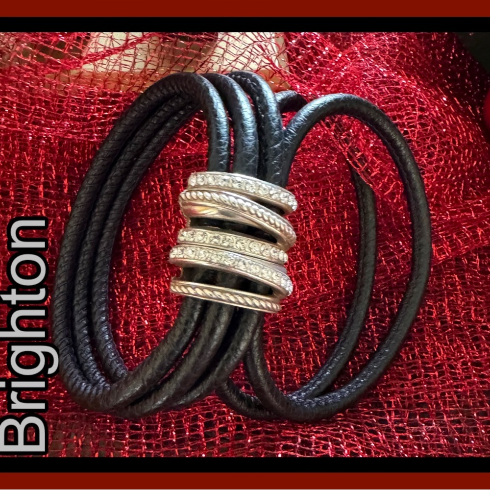 BRIGHTON BRACELET NEPTUNE’S RINGS SILVER / BLACK LEATHER CRYSTAL MAGNETIC WRAP